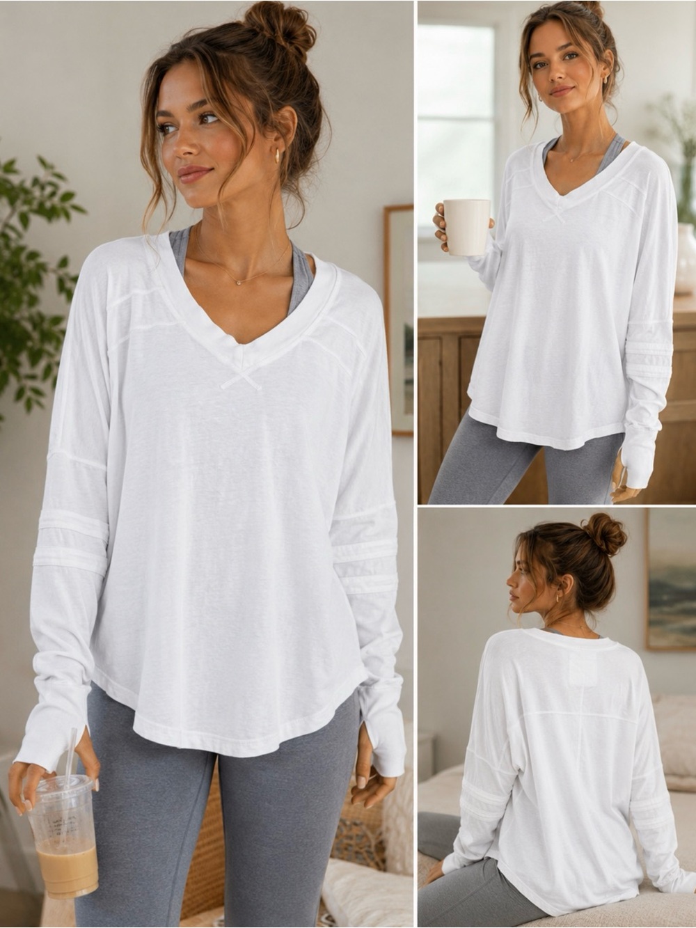 Free People movement Women's White V-Neck Long Sleeve Top